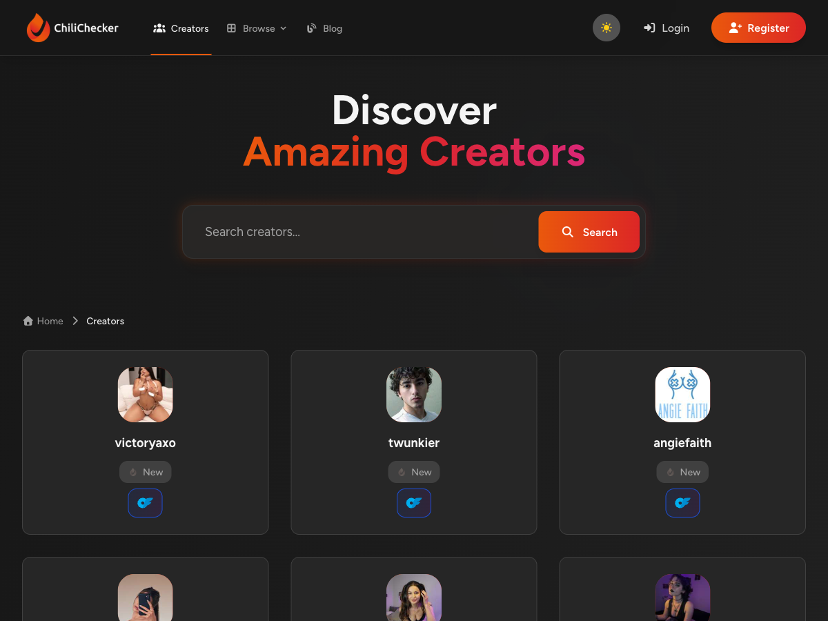 Creator discovery page with search, filters, and new creator cards
